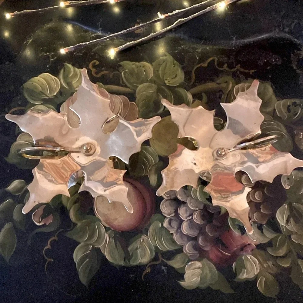 Vintage Brass Christmas Poinsettia Candle Holders 2 Set MCM Cottagecore Floral